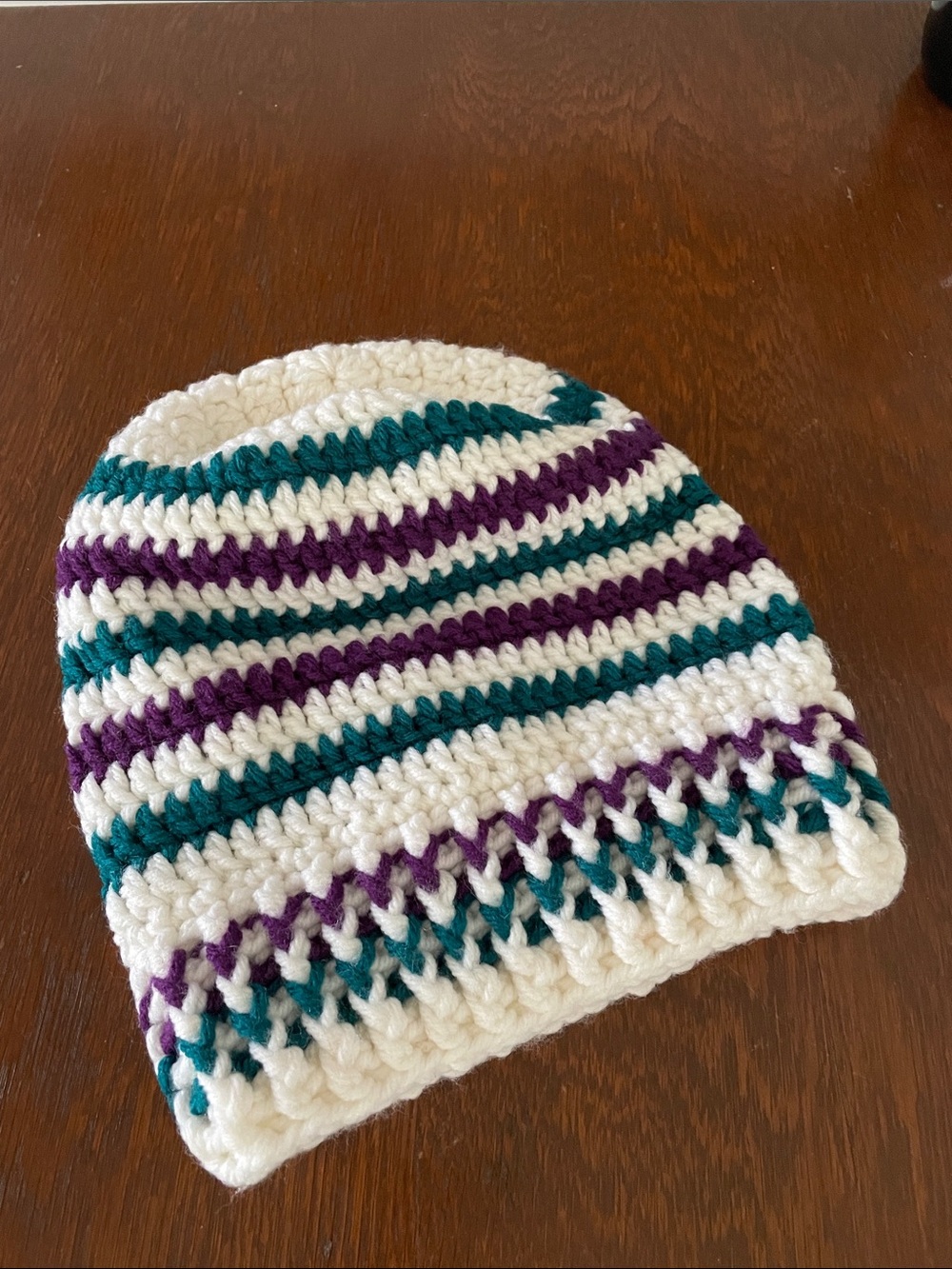 Knit Stripe Beanie - White, Teal & Purple